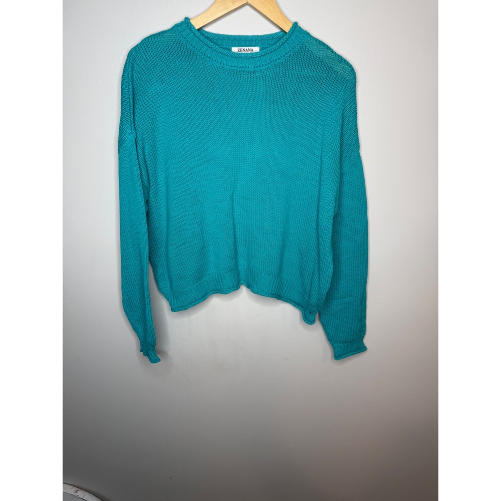 Zenana Women Teal Cotton Knit Crew Neck Sweater TW-2247Y Size M